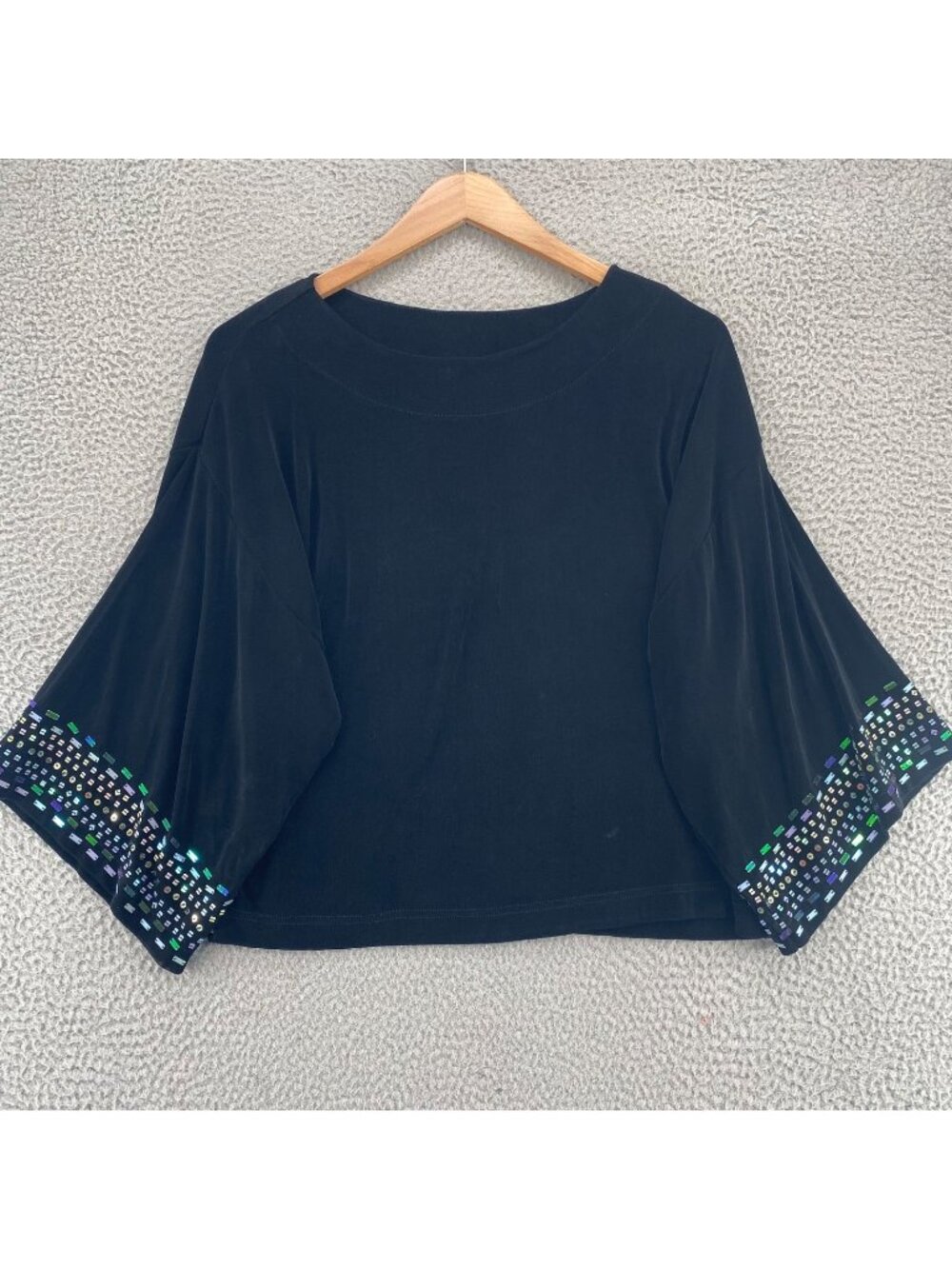 Morgan Cole Top Womens Medium Black Traveler Knit Beaded 3/4 Kimono Sleeve Tunic